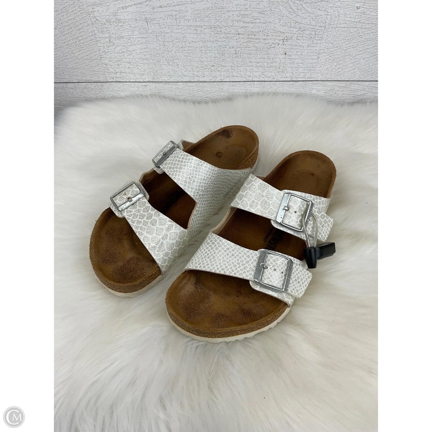 Sandals Flats By Birkenstock In Silver, Size: 11