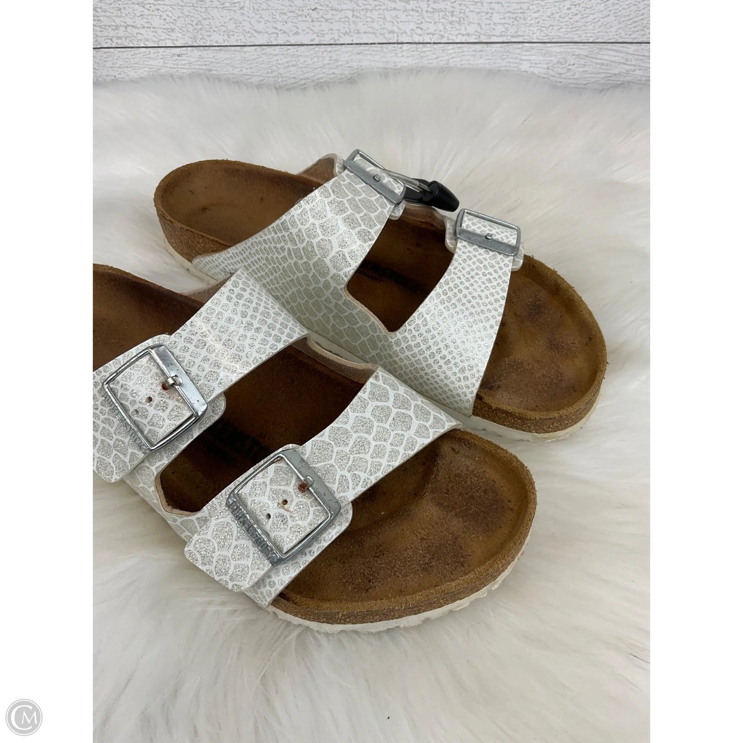 Sandals Flats By Birkenstock In Silver, Size: 11