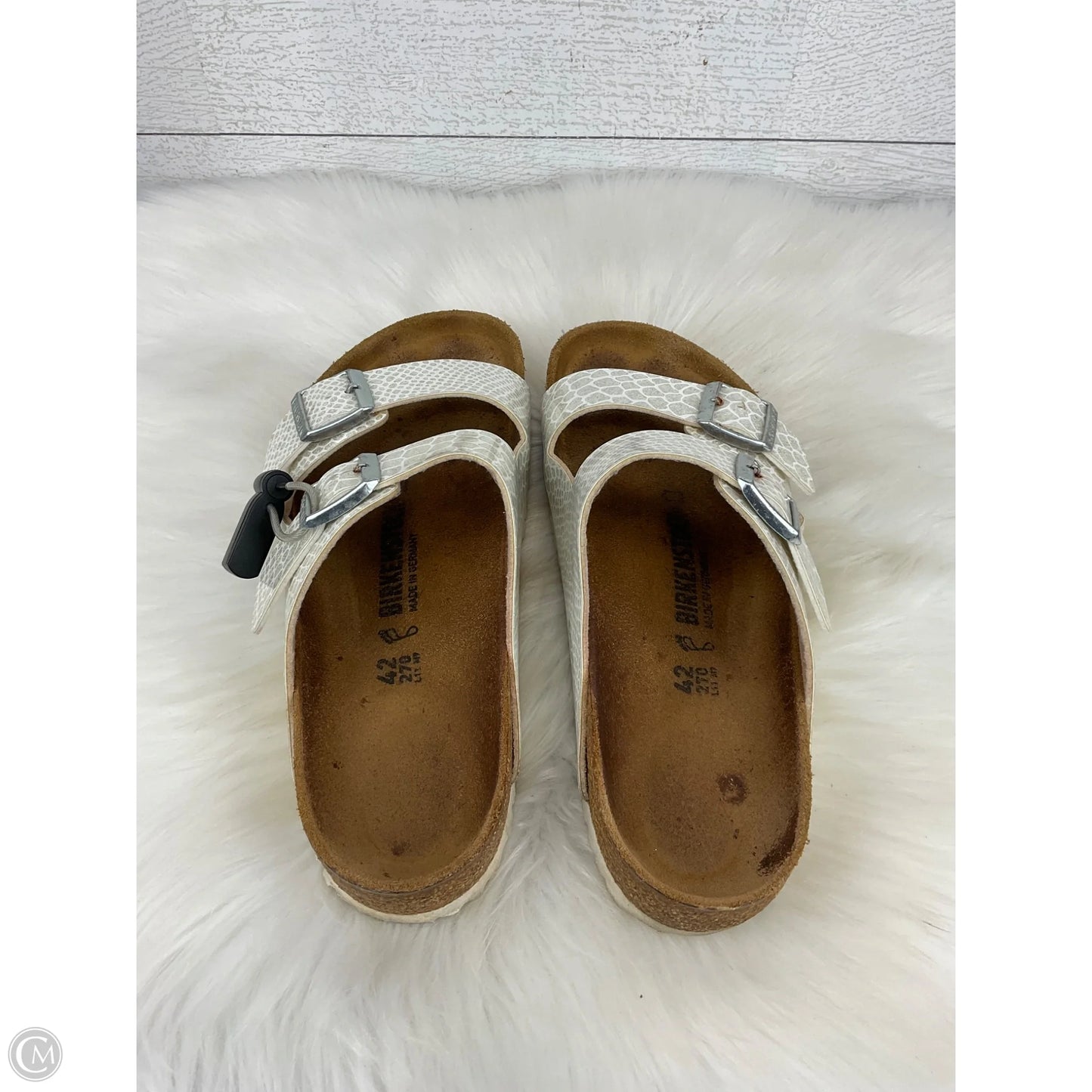 Sandals Flats By Birkenstock In Silver, Size: 11
