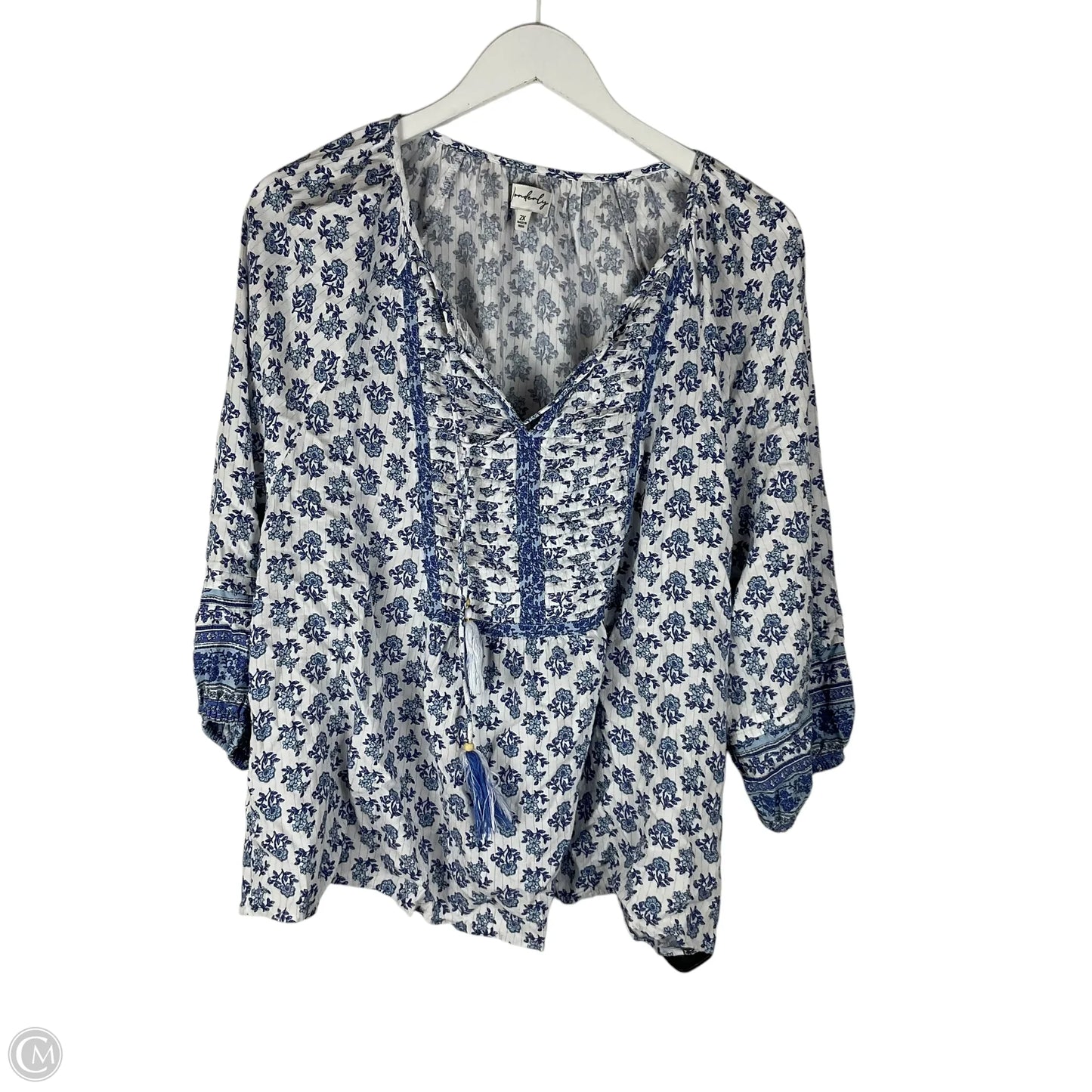 Top Long Sleeve By Wonderly In Blue & White, Size: 2x