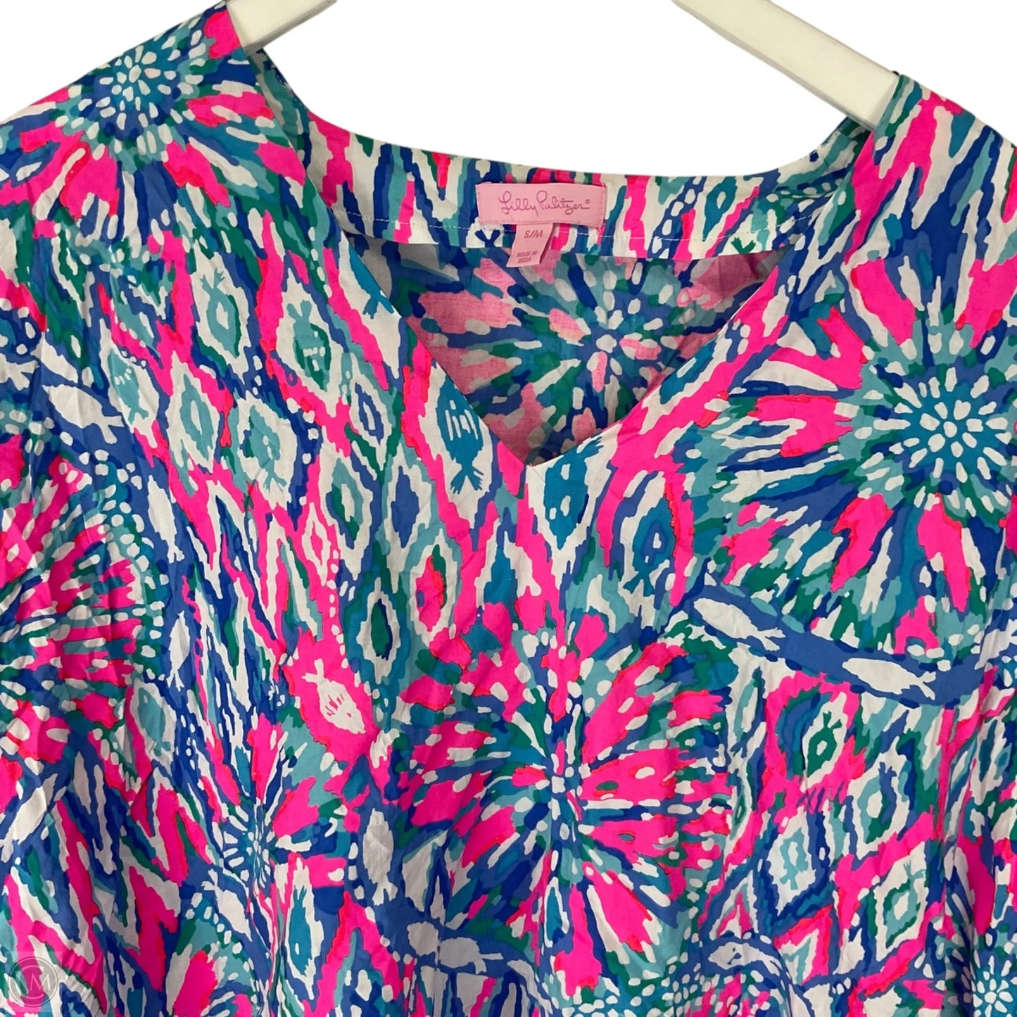 Top Short Sleeve Designer By Lilly Pulitzer In Blue & Pink, Size: S