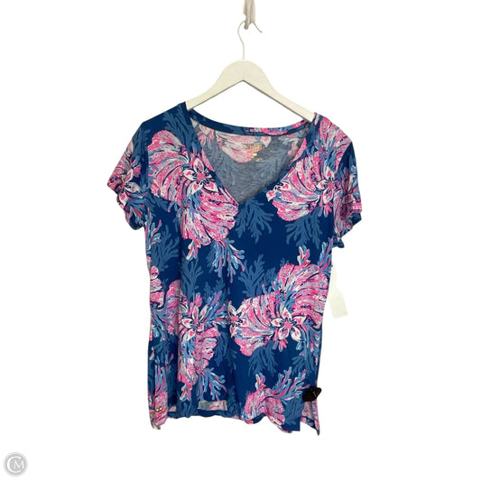 Top Short Sleeve Designer By Lilly Pulitzer In Blue & Pink, Size: L