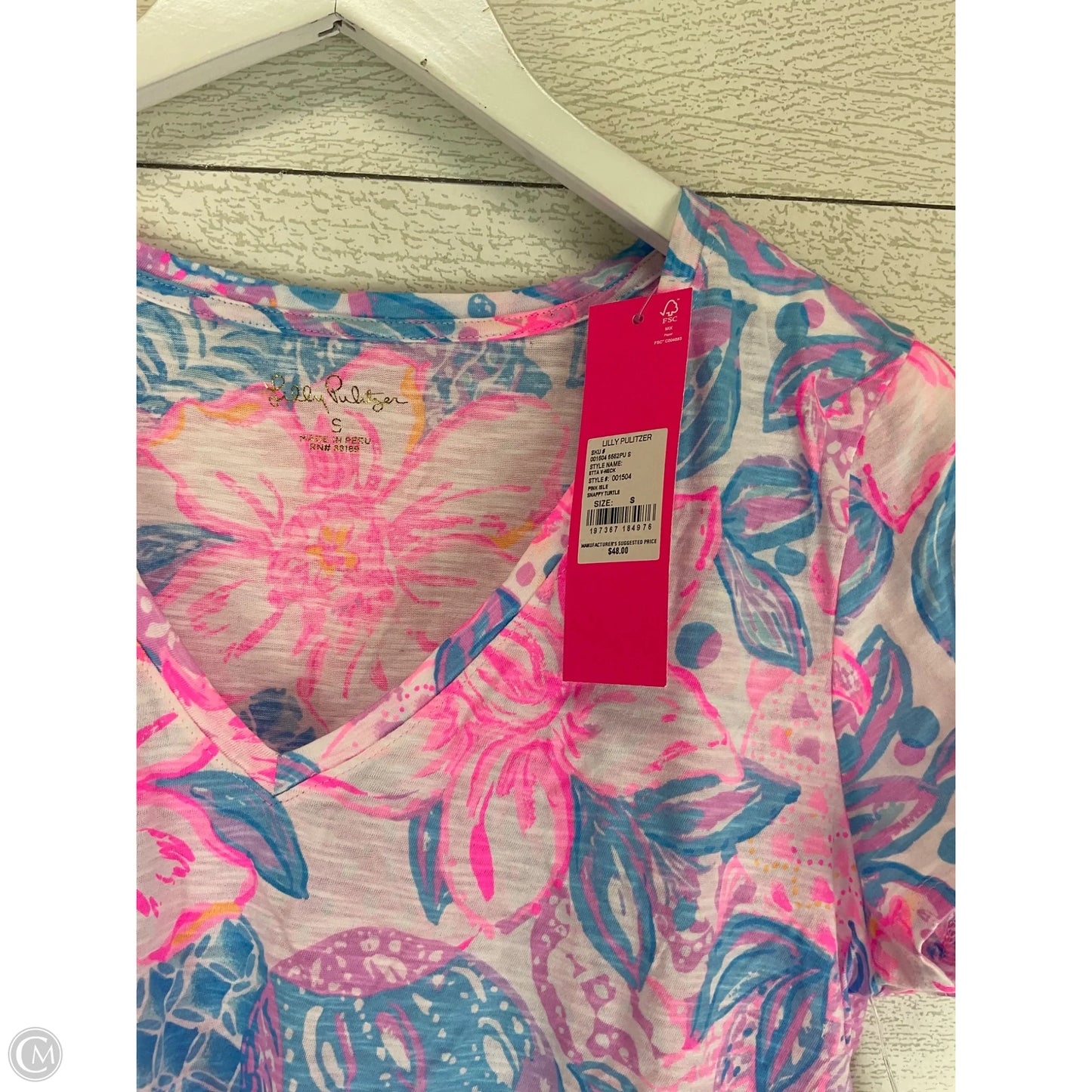 Top Short Sleeve Designer By Lilly Pulitzer In Blue & Pink, Size: S